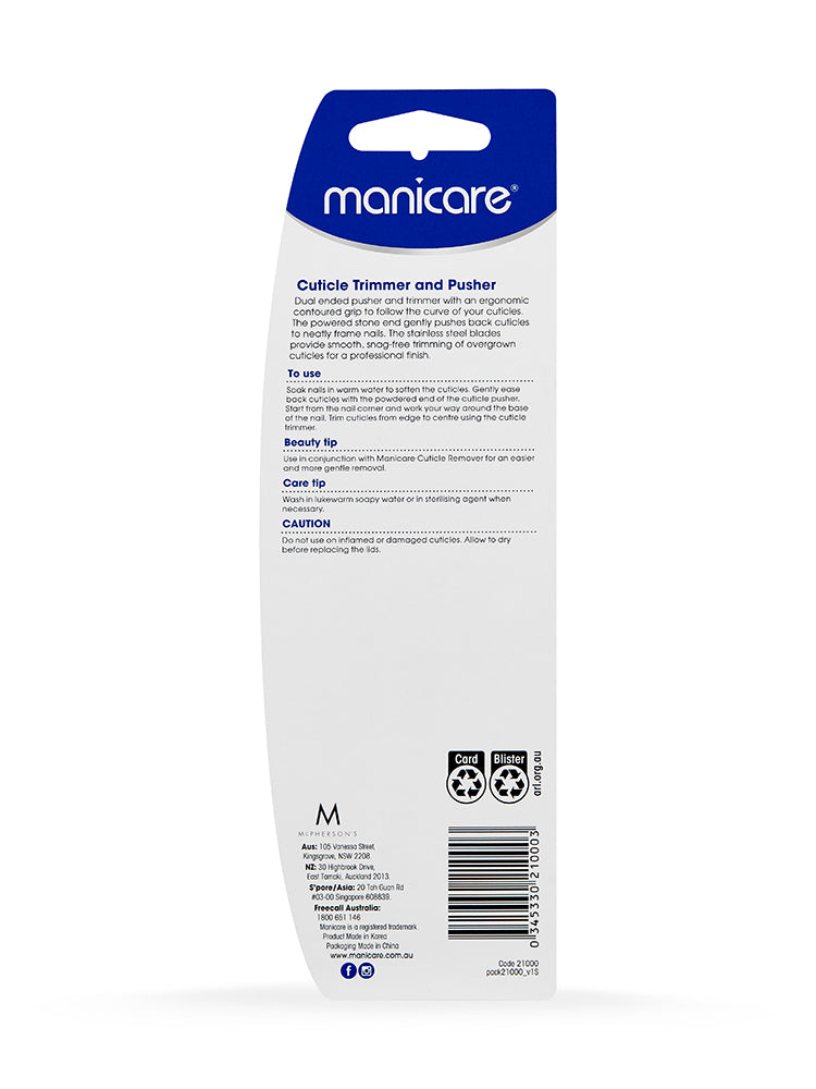 Manicare Cuticle Trimmer & Pusher | Removes Overgrown Cuticles | Dual-Ended