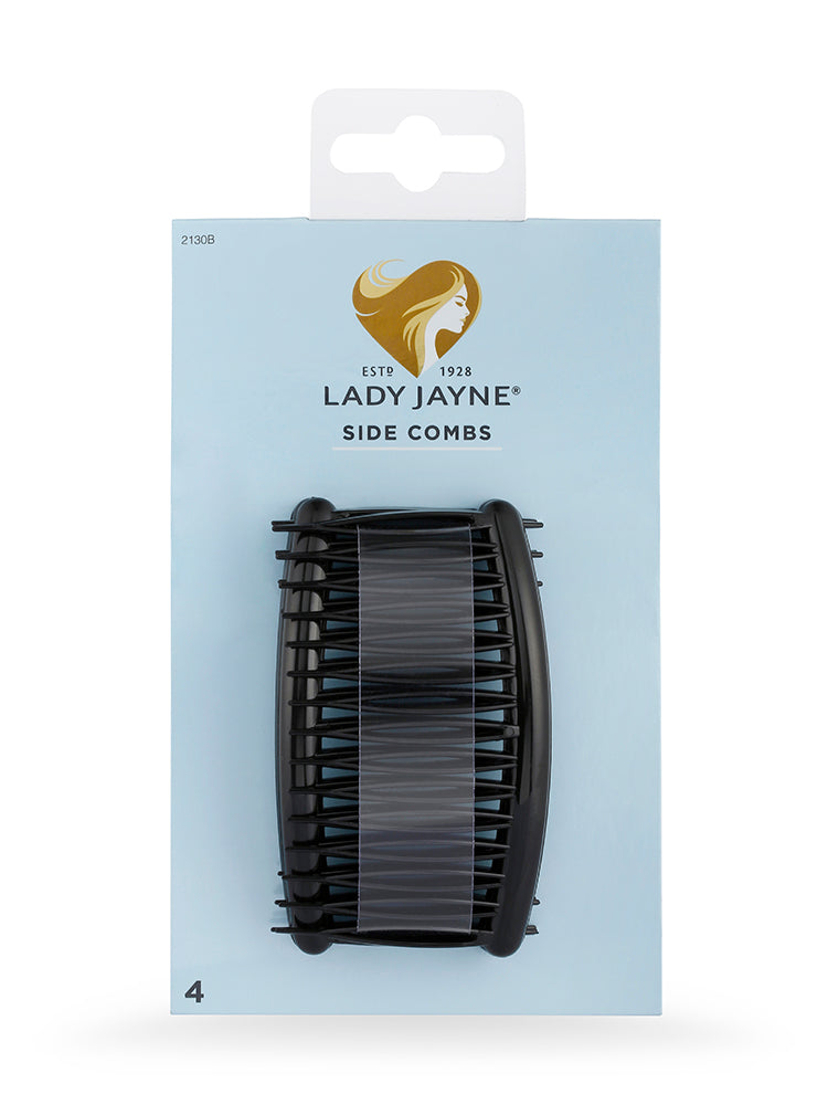 Lady Jayne SecureHold Side Combs | Black | Snag-Free Rounded Teeth | Contoured for All-Day Comfort | 4-Pack
