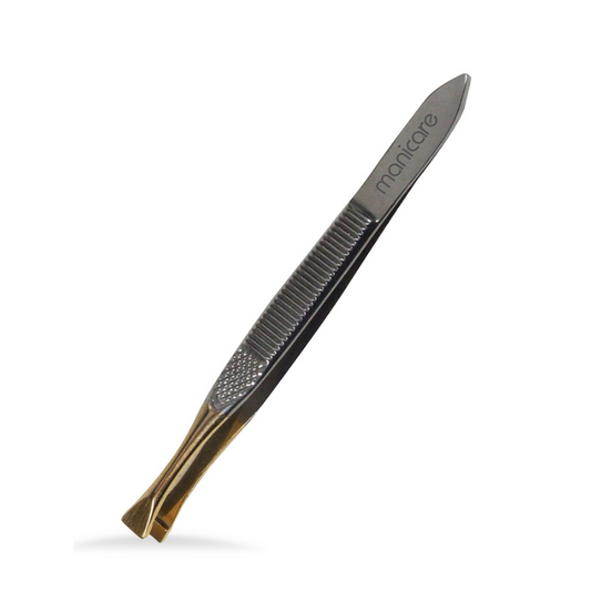 Manicare Precision+ Gold-Tip 24K Gold Flat-Tip Stainless Steel Tweezers | with Non-Slip Grip | Includes Storage Pouch