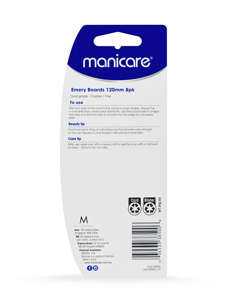 Manicare Emery Boards | For Flawless Finish Nails | Coarse & Fine Sides | 120 MM 8 PK