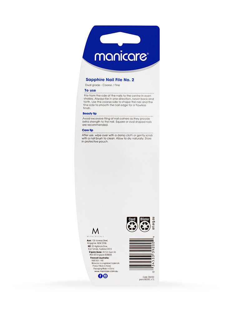 Manicare Sapphire Nail File No.2 | For Shaping & Smoothing Nails | Coarse & Fine Sides | Compact-Sized