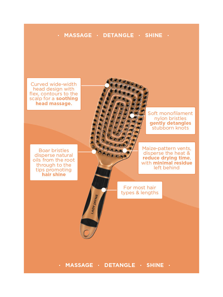 Lady Jayne ProFlex Paddle Brush Boar & Nylon Bristle Hybrid Hair Care for Effortless Detangling & Faster Drying