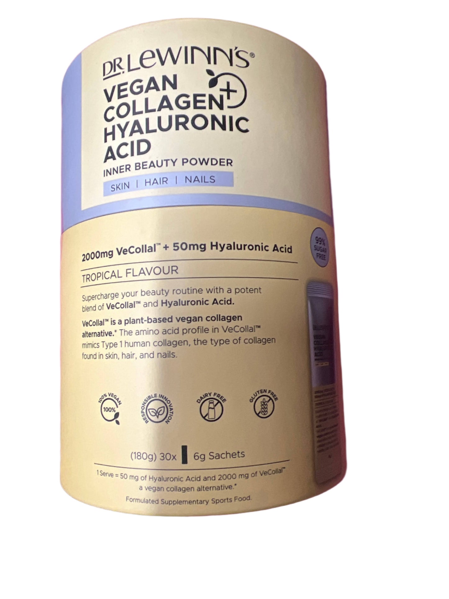 Dr. LeWinn's Inner Beauty Vegan Collagen & Hyaluronic Acid Powder Skin Vitamin Supplement | Tropical Flavor | 30 sachets x 6 g