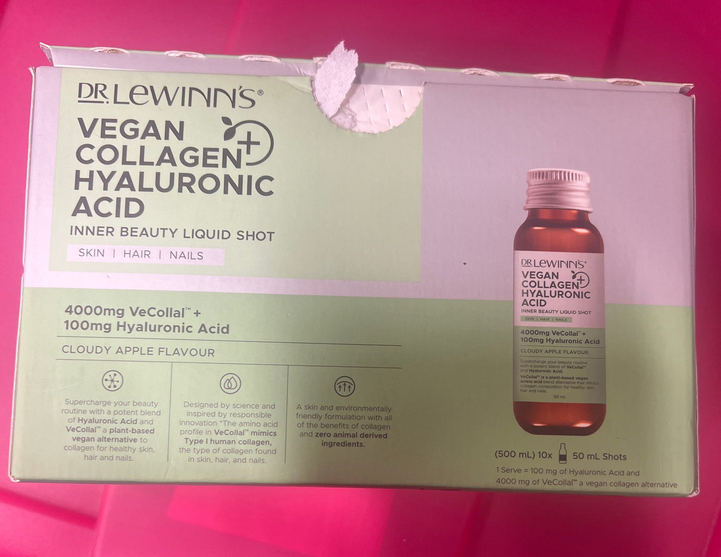 Dr. LeWinn's Inner Beauty Vegan Collagen & Hyaluronic Acid Liquid Shot Skin Vitamin Supplement | Liquid Shot | Cloudy Apple | 10 x 50 ml